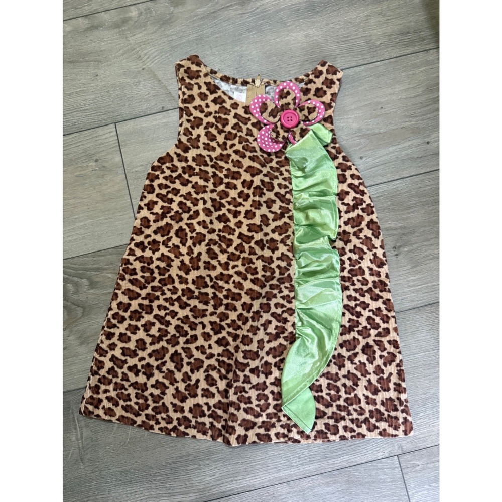Bonnie Baby Girls Leopard Corduroy Jumper Dress Green Ruffle Flower 24M B19995-A